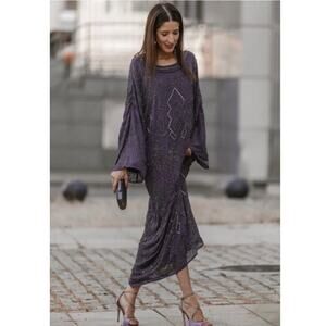 ZARA | Womens Embroidered Beaded Maxi Dress NEW Purple Caftan M-L 7521/002/920